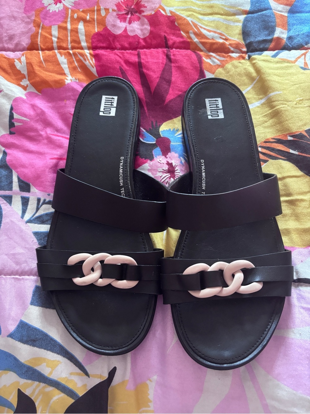 FitFlop Black Slide Sandals with Pale Chain Detail